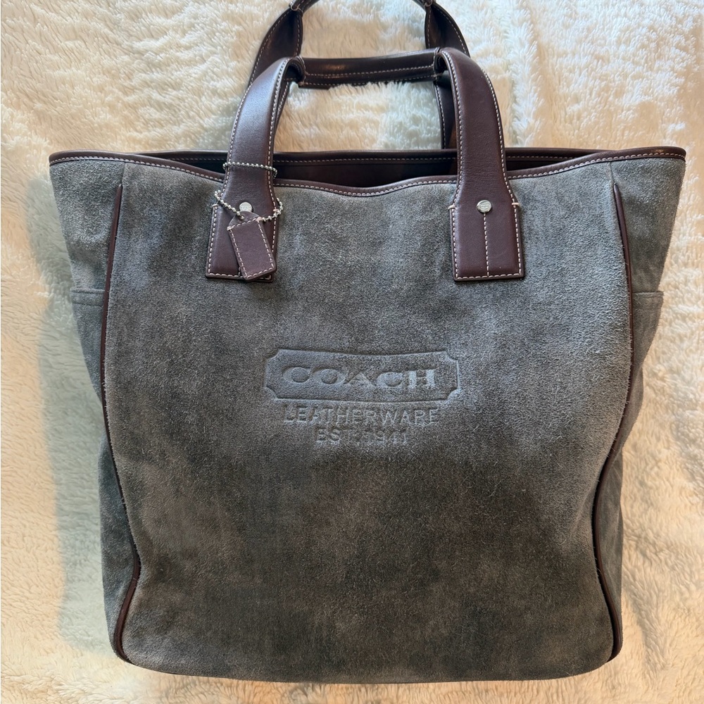 Coach Vintage Gray Suede-Brown Leather #5995 Tote 16.5x12.5  2003